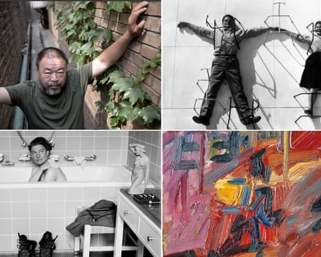 Clockwise from top, artist and activist Ai Weiwei; Charles and Ray Eames; Frank Auerbach's Hampstead Road, High Summer; Lee Miller in Hitler's bathtub.