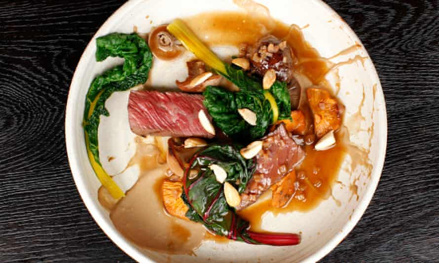 Beef with a 'thick smear of miso sauce,  mushrooms and the vigour of fresh hazelnuts which enthral the tongue'.