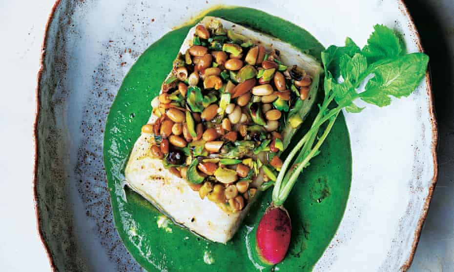 Yotam Ottolenghi's pistachio- and pine nut-crusted halibut with wild rocket and parsley vichyssoise