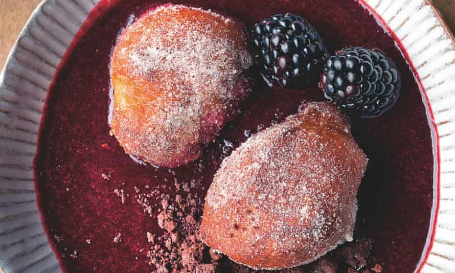 Yotam Ottolenghi’s ricotta fritters with blackberry sauce and chocolate soil