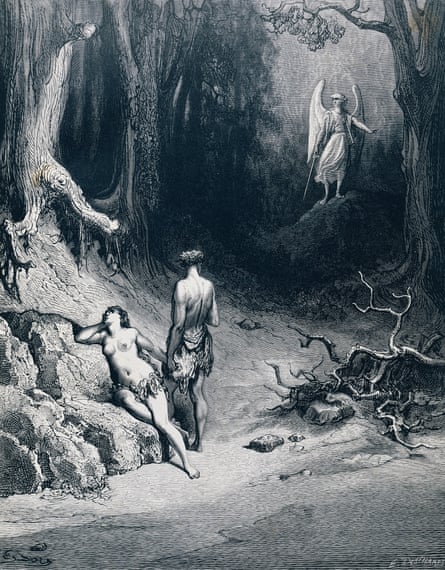 Engraving by Gustave Doré, depicting Adam, Eve and the Archangel Michael in 'Paradise Lost' .