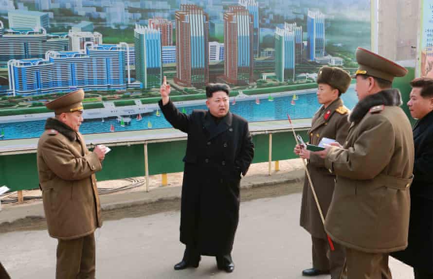 Kim Jong-un inspects the construction of Mirae Scientists Street in February.