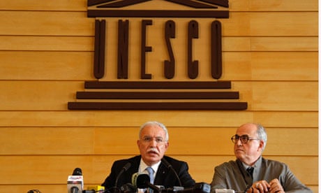 Palestinian foreign minister, Riyad al-Malki (left), and ambassador to Unesco, Elias Sanbar