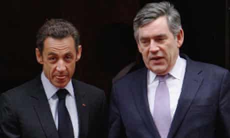 Nicolas Sarkozy and Gordon Brown leave Downing Street this morning.