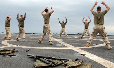 US marines training on board an aircraft carrier