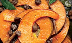 Roasted pumpkin wedges with chestnut, cinammon and fresh bay leaRoasted pumpkin wedges with chestnut, cinammon and fresh bay leaves. Photograph: Colin Campbell