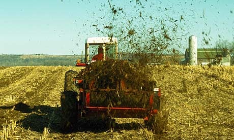 Farmer in a tractor spreading manure
