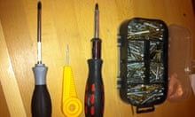 Screwdriver, bradawl, ratchet screwdriver and screws