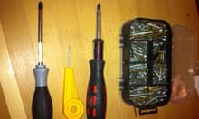 Screwdriver, bradawl, ratchet screwdriver and screws