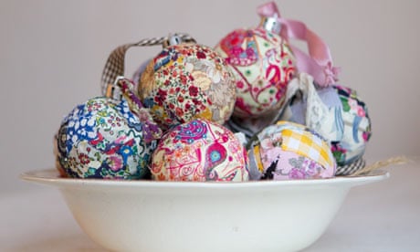 Bowl of patchwork Christmas baubles