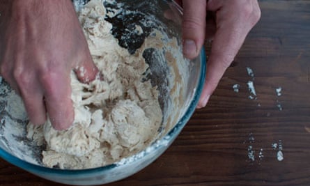Dan 2 Add flour and salt, mix to a dough, cover, leave 10 mins. Knead dough, cover for an hour 