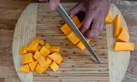 Dan step 2: Peel pumpkin, chop into cubes, bake or microwave, covered, without water, until tender