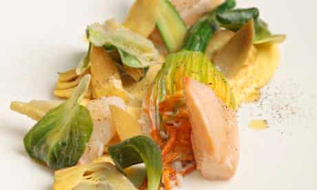 Crab, courgette flower, rouille and chicory at Marcus