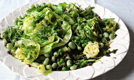 Cabbage with summer greens, broad beans and lentils
