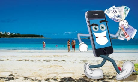 A cartoon smartphone with a fistful of cash on a beach