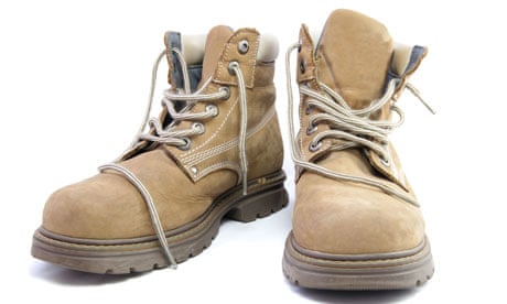 A pair of light brown work boots