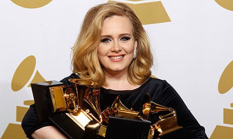 Adele holding her six Grammy awards