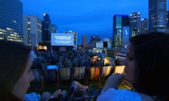 Audience at rooftop cinema atop Curtin House in Melbourne, Australia 