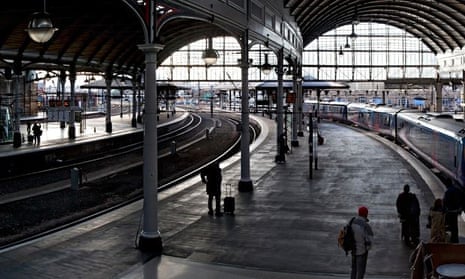 Panoramic view inside Newcastle Central Station on the East Coast Main Line.