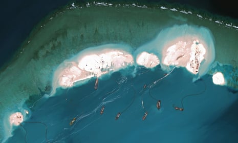 Chinese dredgers and construction work on the once-tiny islet of Mischief Reef.