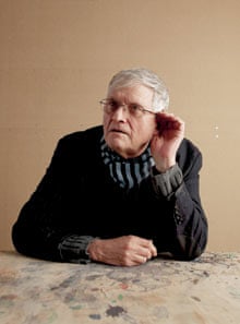 David Hockney cupping his ear