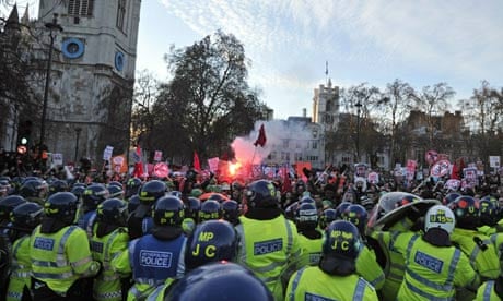 British riot police clash with demonstra
