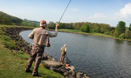 Men fly fishing at Trimpley Reservoir near Arley Worcestershire England Uk