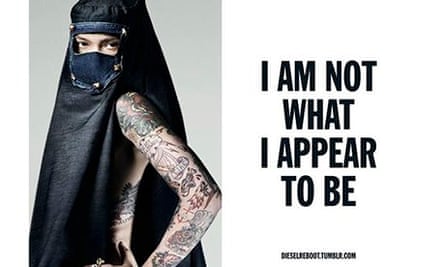 semi-naked woman with tattoos wearing veil in a controversial advert for Diesel.