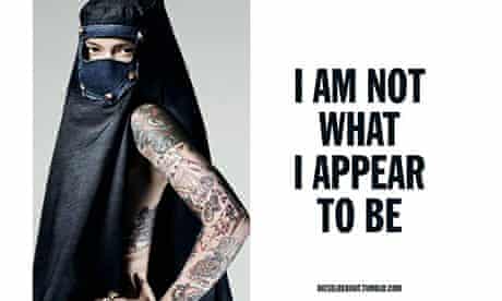 semi-nude woman with tattoos wearing a veil in controversial Diesel commercial.