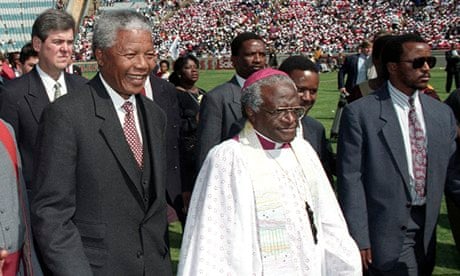 PRESIDENT ELECT MANDELA AND ARCHBISHOP TUTU ARRIVE FOR SERVICE FOR CHRISTIAN COMMUNITY IN SOWETO.