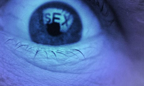 Eye with the word sex reflected off of computer screen