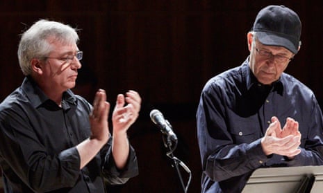 Steve Reich, right, performs Clapping Music with London Sinfonietta principal percussionist David Hockings at the Royal Festival Hall in London.