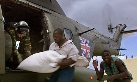 British military helicopter delivers food aid to Mozambique