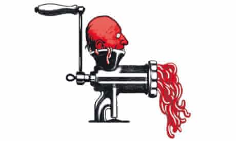Head in meat grinder illustration