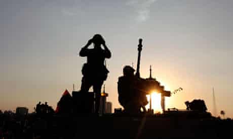 Egyptian army soldiers on a bridge leading to Tahrir Square, Cairo
