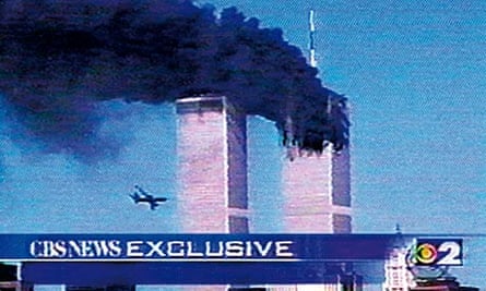 A plane flies towards the World Trade Center, New York, 9/11/01