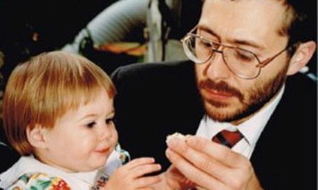 Bearded Michel Roux Jr holding a young Emily's hand