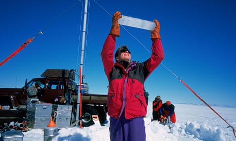 Scientist with Ice Core Langjokull Ice cap, Iceland