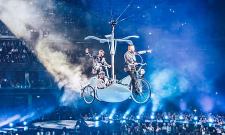 “Flying in a heli-trike-cum-sidecar’: Take That in Glasgow last week. 