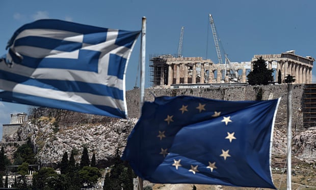 Dual identity: the Greek and European Union flags share the skyline in front of the Parthenon. Photograph: Aris Messinis/AFP/Getty Images