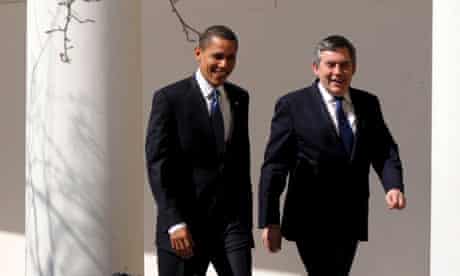 Barack Obama and Gordon Brown walk alongside the White House on Washington on 3 March 2009. 