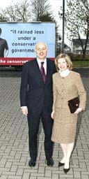 Iain Duncan Smith and his wife, Betsy, in front of a spoof campaign poster