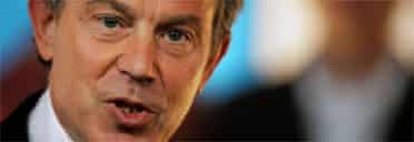 Tony Blair at a Labour poster launch this morning. Photograph: Bruno Vincent/Getty