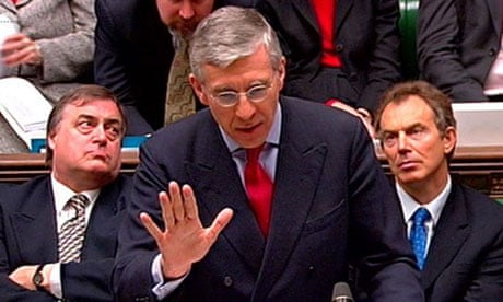 Jack Straw, the then-foreign secretary, opens the debate on war with Iraq in February 2003, as Tony Blair and John Prescott, then the prime minister and deputy prime minister respectively, look on. Photograph: PA