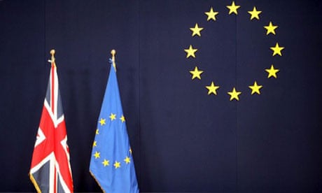 The British and EU flags at the EU council building in Brussels. Photograph: Federico Gambarini/EPA