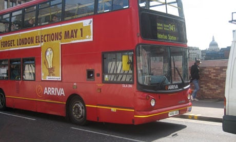 A London bus advertising the London mayoral elections on May 1. Transport has been a key issue in the campaign. Photograph: Paul Owen