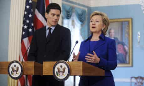 David Miliband and Hillary Clinton speak in Washington on 3 February 2009.