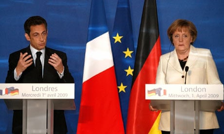 The french president, Nicolas Sarkozy, and the German chancellor, Angela Merkel, in London