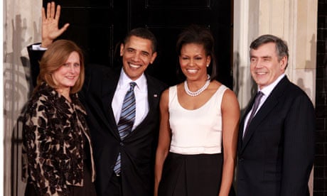 Sarah and Gordon Brown flanking Barack Obama and his wife, Michelle, before dinner at Downing Street