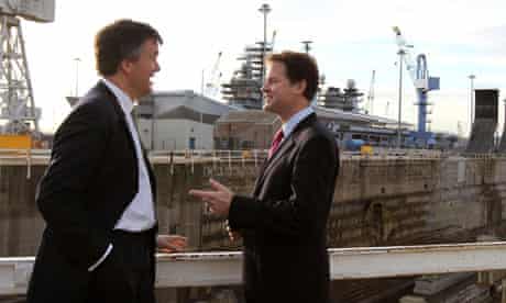 Nick Clegg and the Scottish secretary, Michael Moore, visiting the Rosyth dockyard